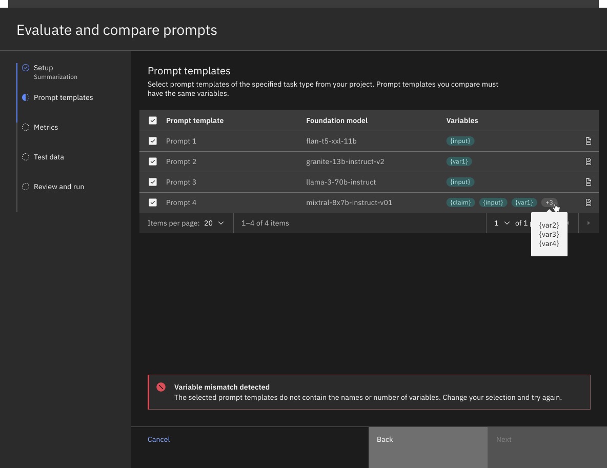 Prompt templates screen showing 'Variable mismatch detected'